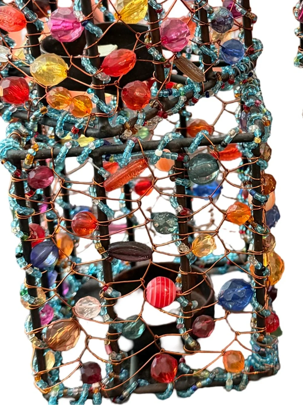 Bohemian EUC Set of 4 Handmade Multicolor Glass Beaded Candle Holders